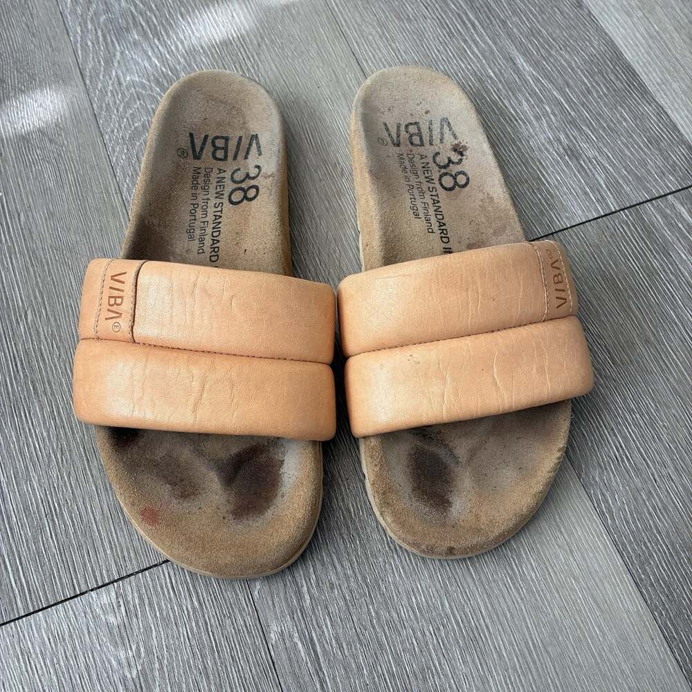 VIBAe PORTO Leather Slide Sandals Desert Nude Tan Arch Support Footbed W Size 38 - Picture 3 of 5